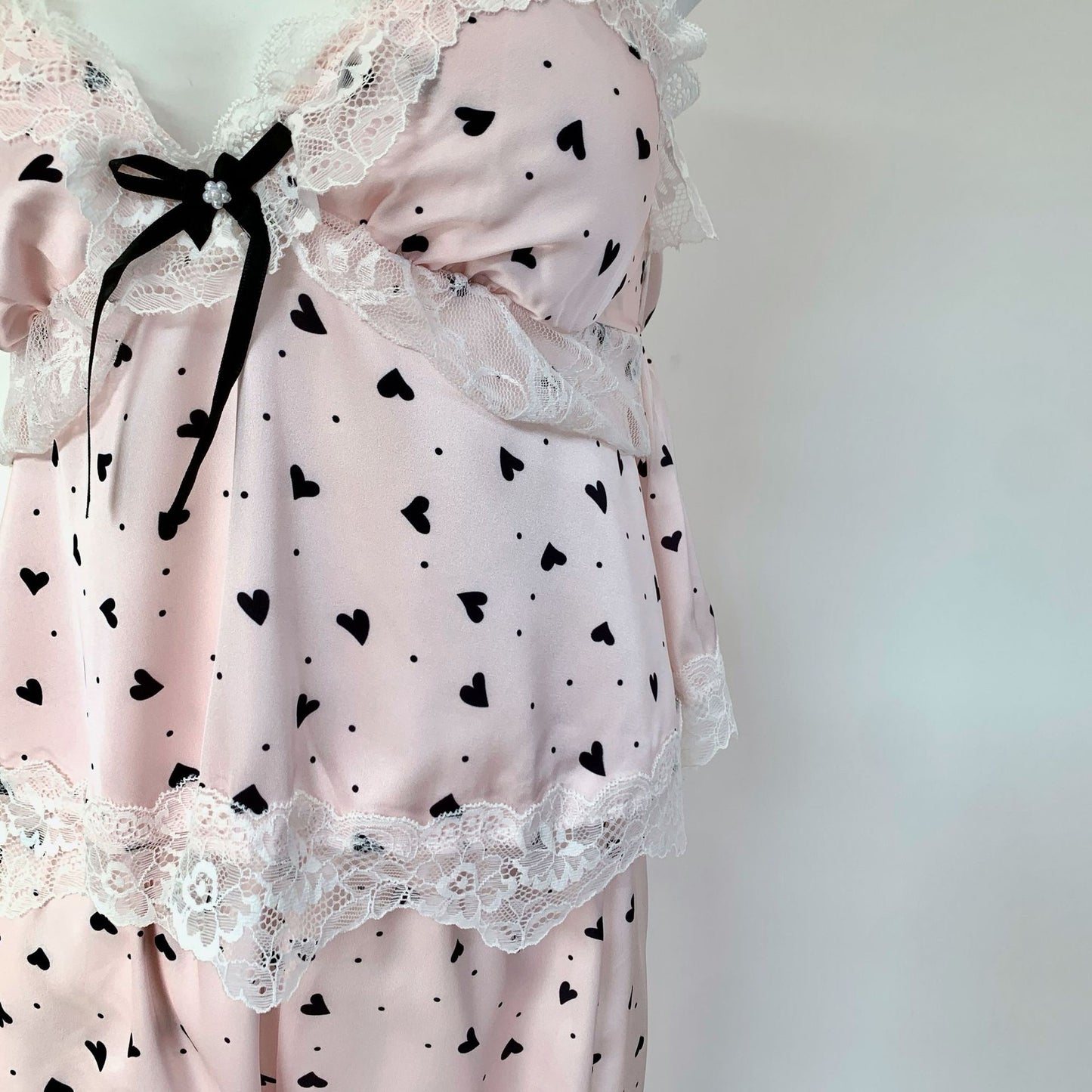 Pink Heart Print Lace Nightdress & Robe Set