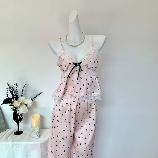 Pink Heart Print Lace Nightdress & Robe Set