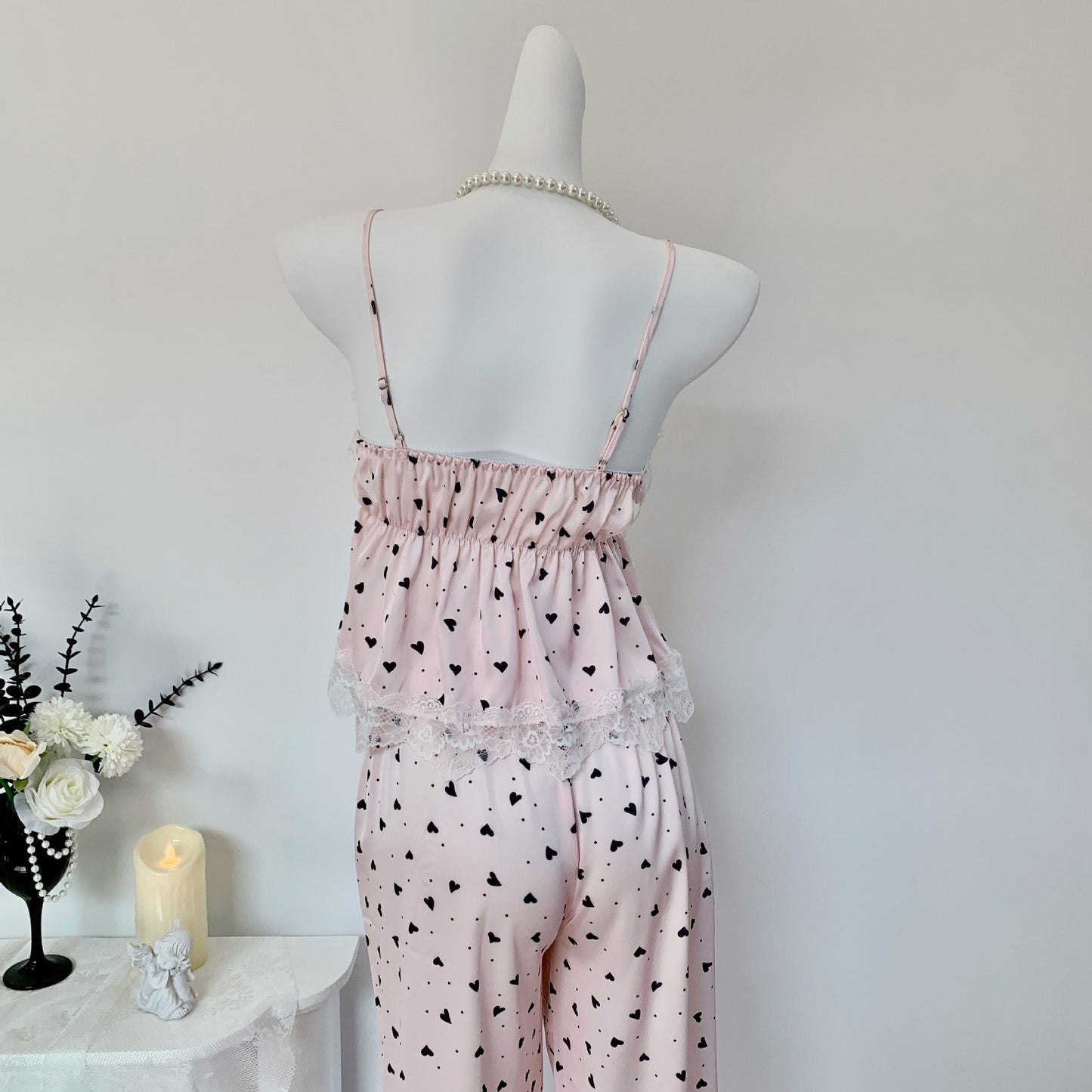 Pink Heart Print Lace Nightdress & Robe Set