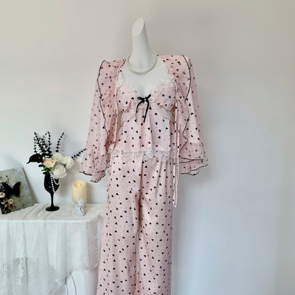 Pink Heart Print Lace Nightdress & Robe Set