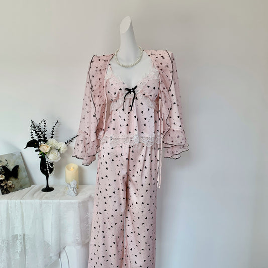 Pink Heart Print Lace Nightdress & Robe Set