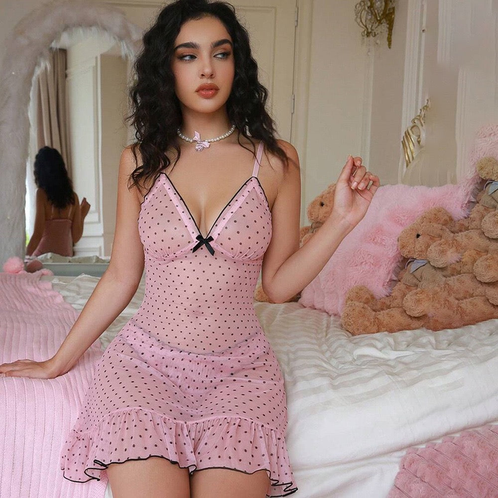 French Polka Dot Mesh Babydoll Nightdress – Pink
