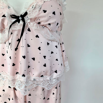 Pink Heart Print Lace Nightdress & Robe Set