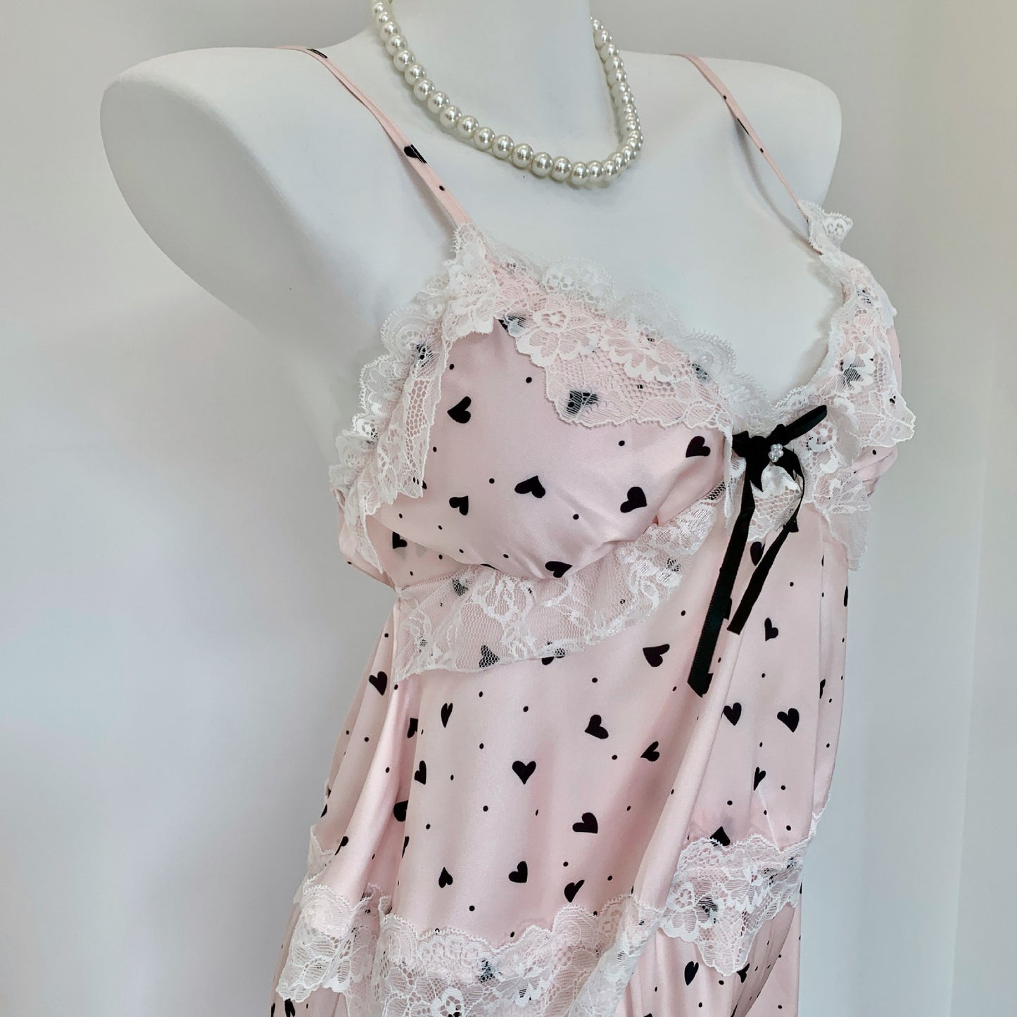 Pink Heart Print Lace Nightdress & Robe Set