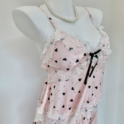 Pink Heart Print Lace Nightdress & Robe Set